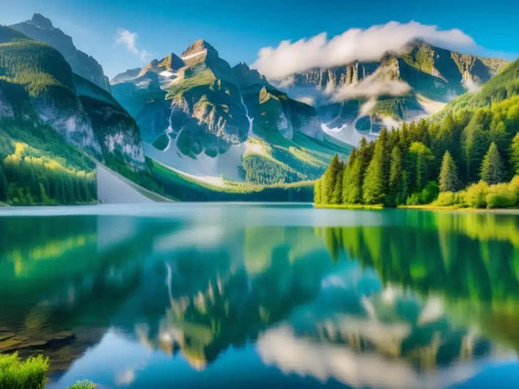 Imagen de un paisaje natural sereno e intocado, con un bosque tranquilo, montañas cubiertas de niebla y un lago cristalino