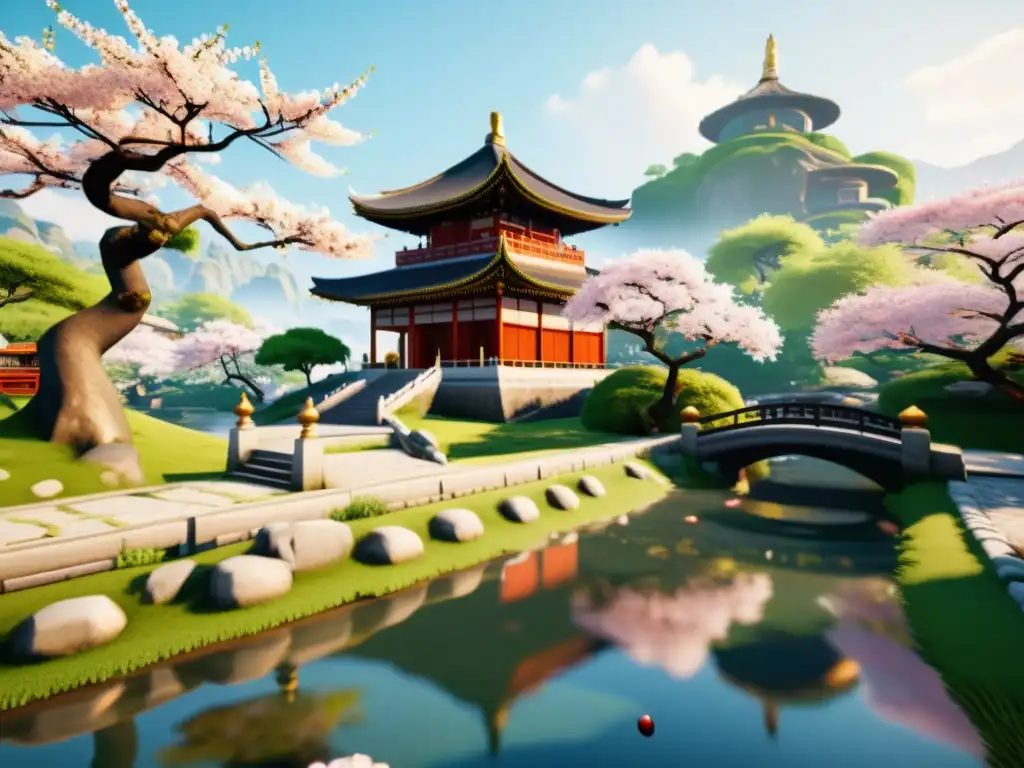 Imagen 8k de paisaje virtual sereno en un videojuego, con jardín, río y templo oriental