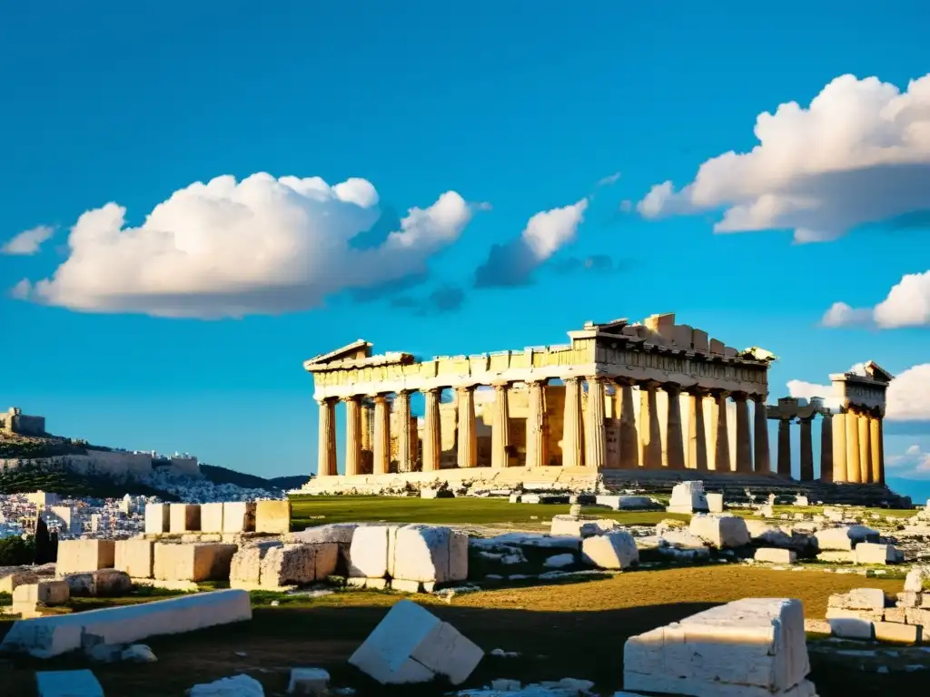 Imagen panorámica de las antiguas ruinas de la Acrópolis en Atenas, Grecia moderna, con detalles arquitectónicos y paisaje sorprendentes
