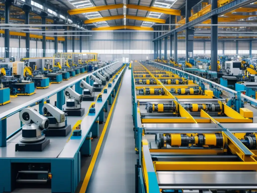 Una imagen panorámica de una fábrica moderna, mostrando la interacción entre la tecnología y los trabajadores