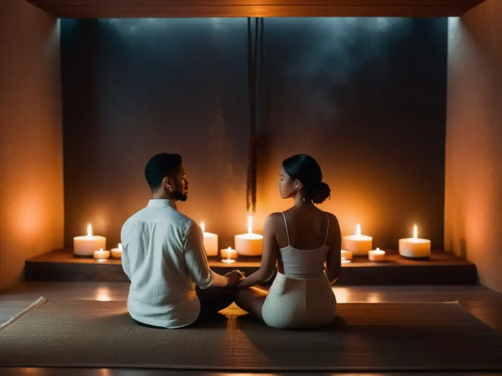 Una imagen de una pareja en meditación mindfulness en pareja, en un ambiente íntimo y tranquilo con velas y decoración minimalista