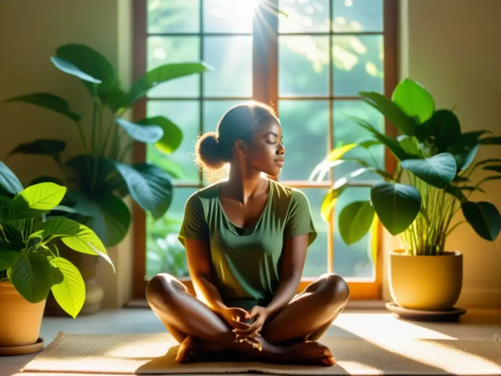 Imagen de una persona meditando en un ambiente tranquilo y soleado, rodeada de plantas verdes exuberantes