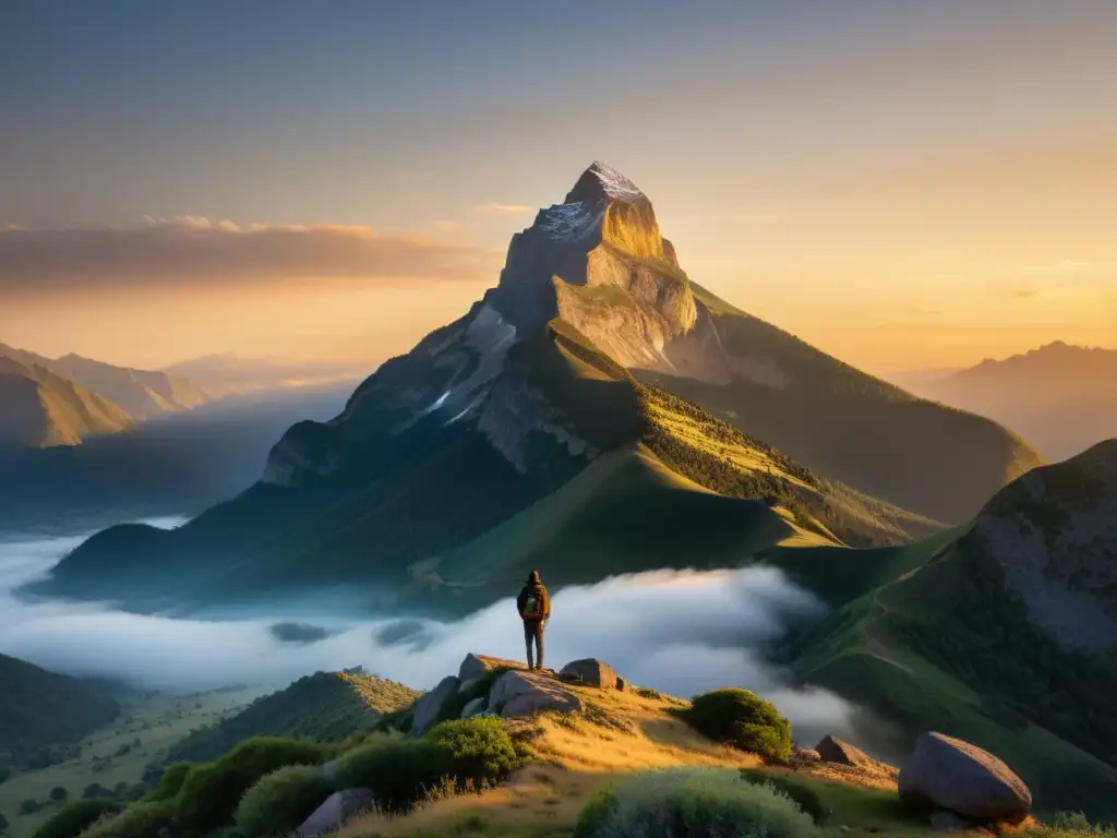 Imagen de pico montañoso cubierto de niebla al amanecer, proyectando una conexión alma individual realidad universal