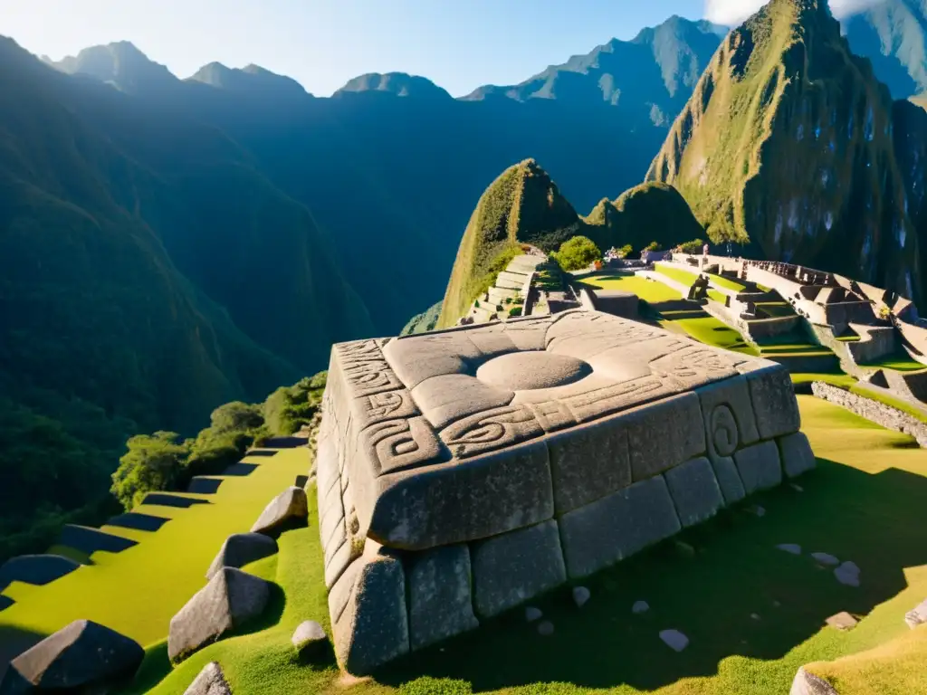 Imagen de alta resolución de la piedra Intihuatana en Machu Picchu, con tallados intrincados y la luz del amanecer