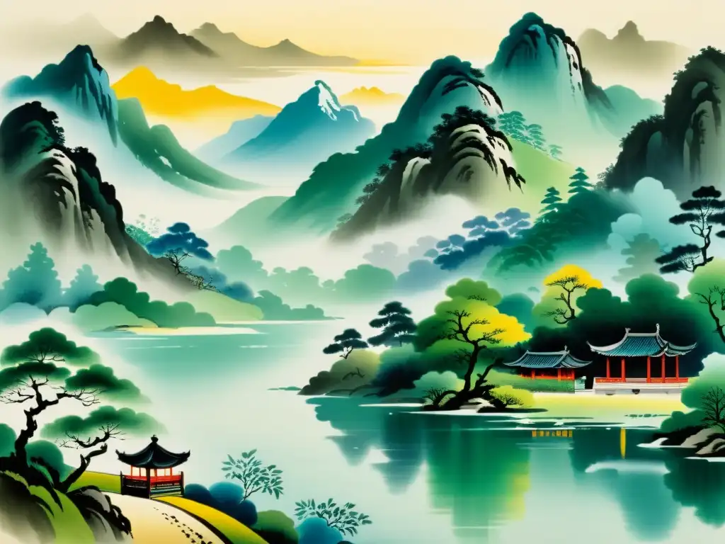 Imagen de una pintura china de montañas, río y pabellón entre árboles, reflejando la estética en el Confucianismo con armonía y tranquilidad