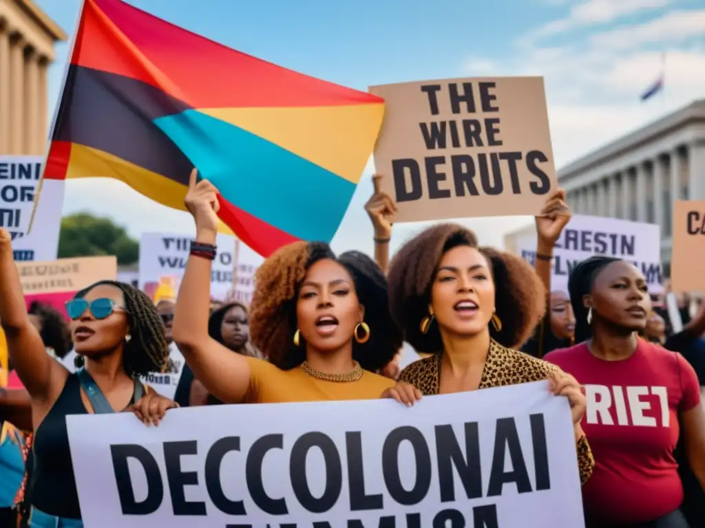 Imagen poderosa de mujeres diversas en protesta, expresiones culturales feminismo decolonial