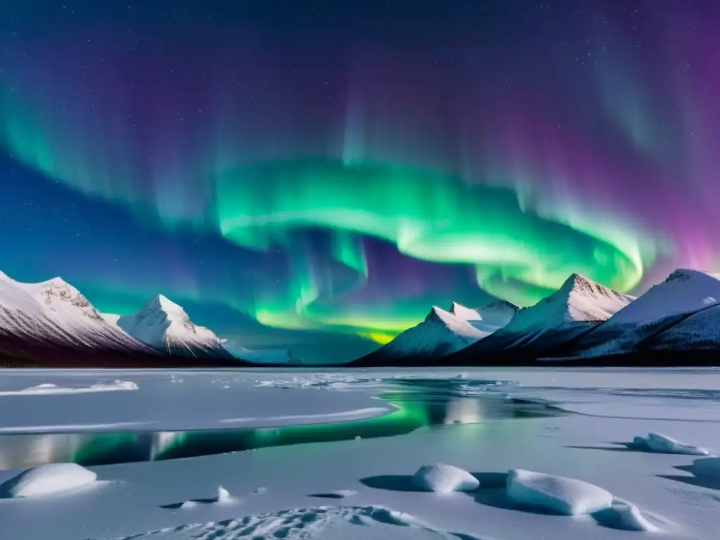 Imagen de la filosofía polar: aurora boreal ilumina el paisaje ártico en una dualidad de luz y oscuridad