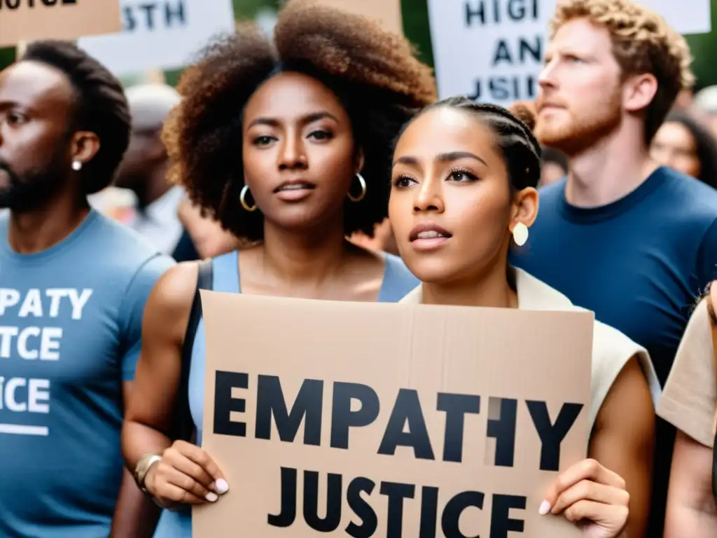 Imagen de protesta pacífica con mensajes de justicia y empatía, destacando el papel de la empatía en justicia social