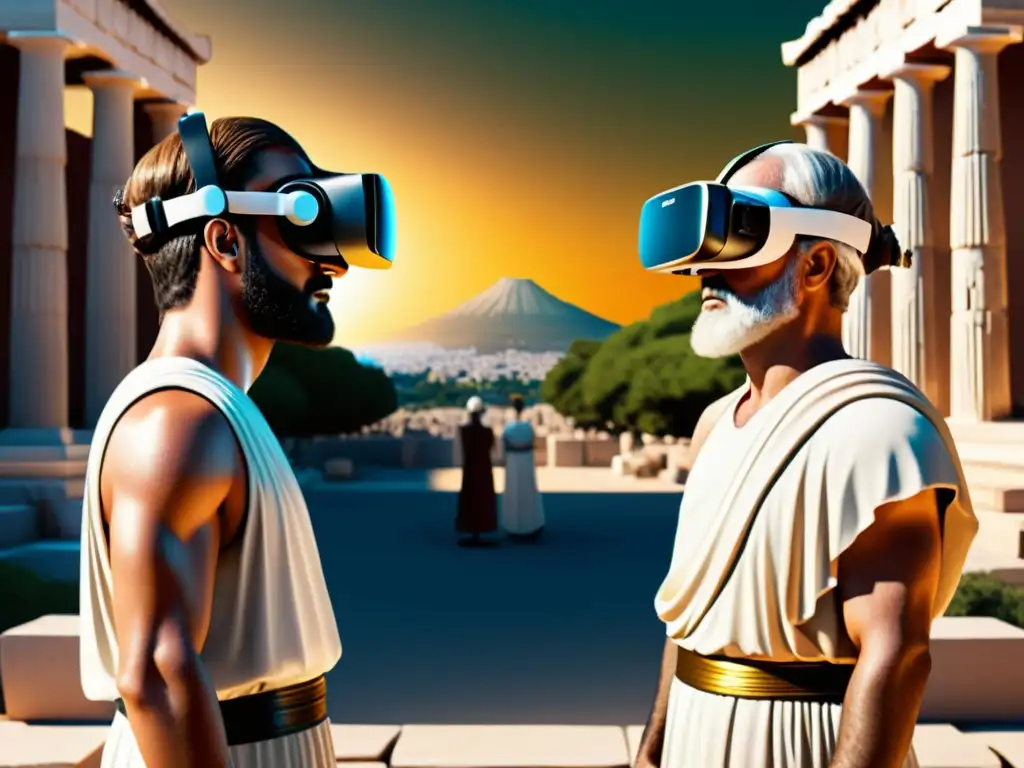 Imagen 8k de realidad virtual filosófica con avatares de Platón y Aristóteles debatiendo en la antigua Ágora ateniense