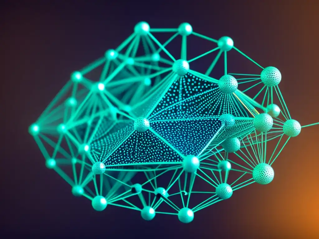 Imagen de red descentralizada de blockchain, con nodos e interconexiones intrincadas que reflejan su complejidad