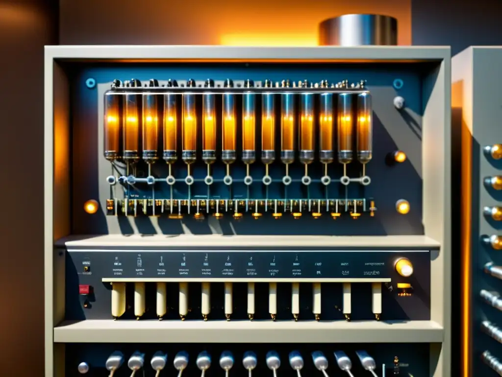 Una imagen de alta resolución de un antiguo ordenador principal con sus intrincados cables y componentes en exhibición