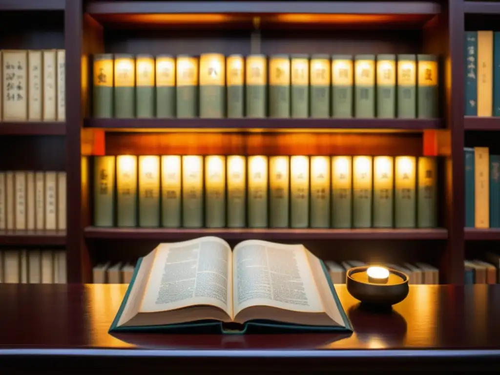 Una imagen de alta resolución de un antiguo texto confuciano, iluminado por una lámpara en una biblioteca tenue