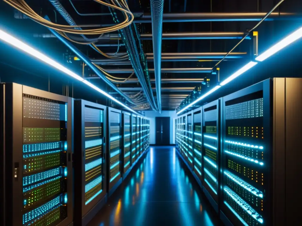 Imagen de alta resolución de un centro de datos industrial con intrincada red de cables y servidores, destacando la estética de la tecnología blockchain y su naturaleza distribuida