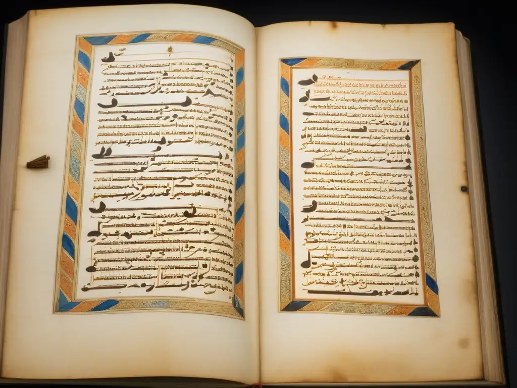 Una imagen de alta resolución de un manuscrito bien conservado de los escritos filosóficos de Al-Farabi, con intrincada caligrafía árabe y diagramas cuidadosamente dibujados, exhibidos bajo una suave iluminación de museo