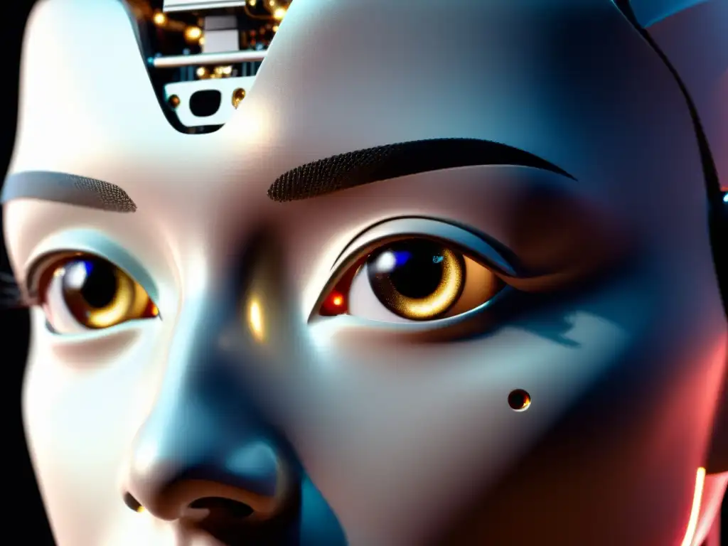 Imagen de alta resolución de un rostro robótico, con detalles realistas y expresivos