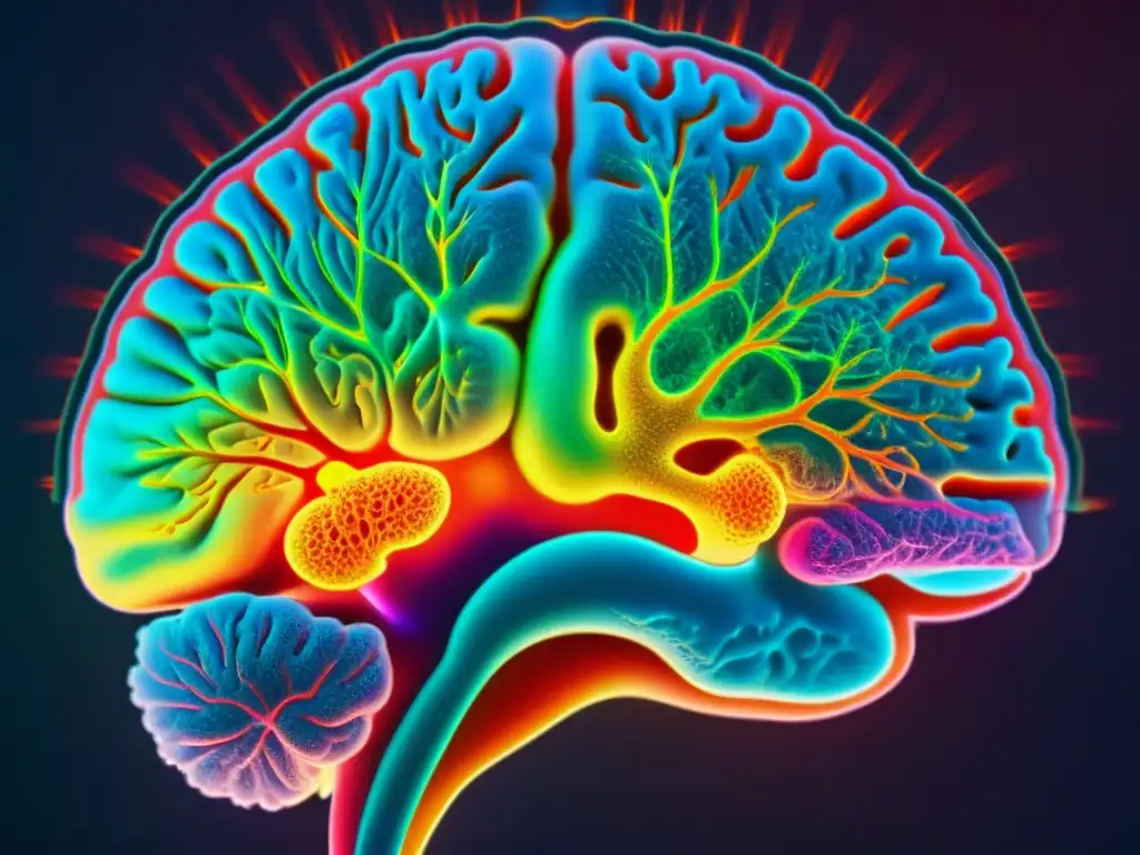 Imagen de resonancia magnética cerebral detallada, con colores vibrantes que representan la complejidad de la actividad neural