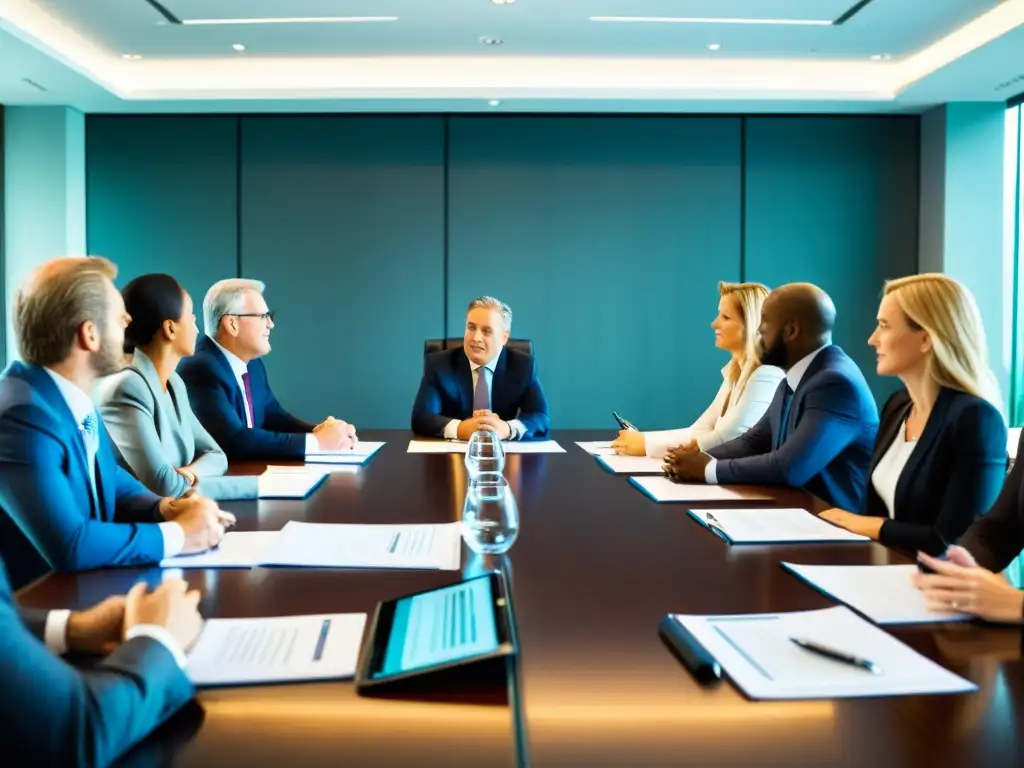 Imagen de reunión de sala de juntas con ejecutivos debatiendo Ética empresarial impacto reputación corporativa en un ambiente profesional y enfocado