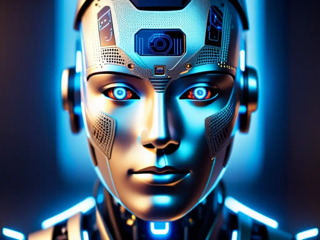 'La imagen muestra el rostro detallado de un robot humanoide con circuitos y piel artificial, iluminado por unos ojos reflexivos