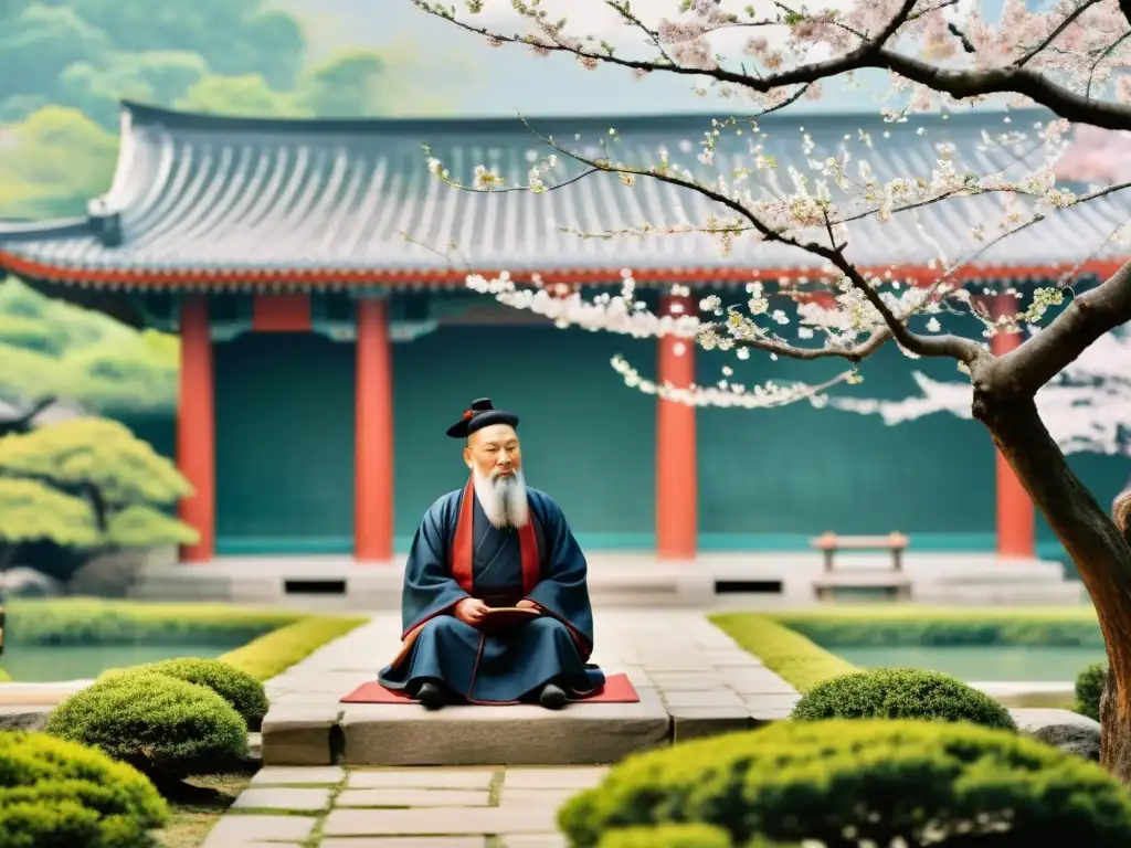 Imagen de un sabio confuciano en jardín tranquilo con cerezos en flor, representando la virtud del Ren en Confucianismo