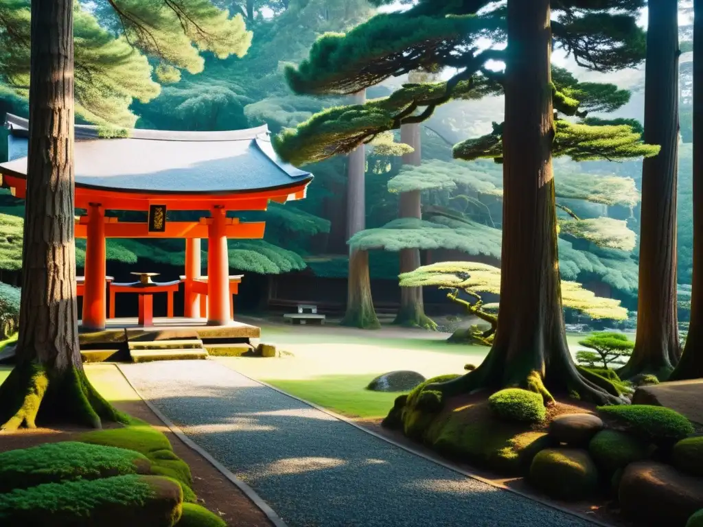 Imagen de un santuario sereno en el bosque con entidades espirituales en el Shintoísmo
