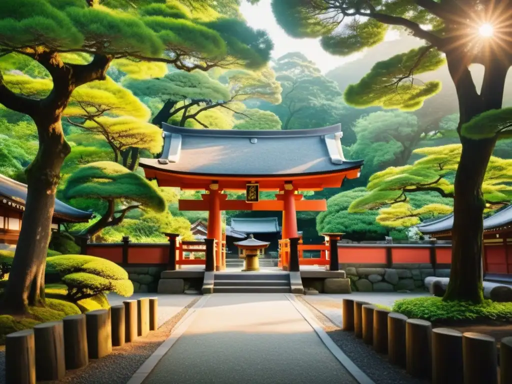 Imagen de un santuario Shinto tradicional entre exuberante vegetación, arquitectura de madera detallada y un torii