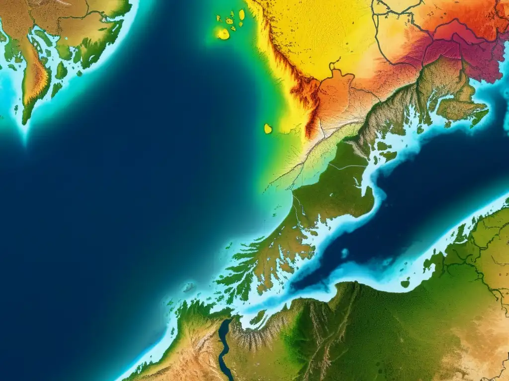 Imagen satelital de alta resolución mostrando los intricados límites territoriales postcoloniales, con marcados detalles y colores vibrantes, transmitiendo la complejidad de los conflictos territoriales