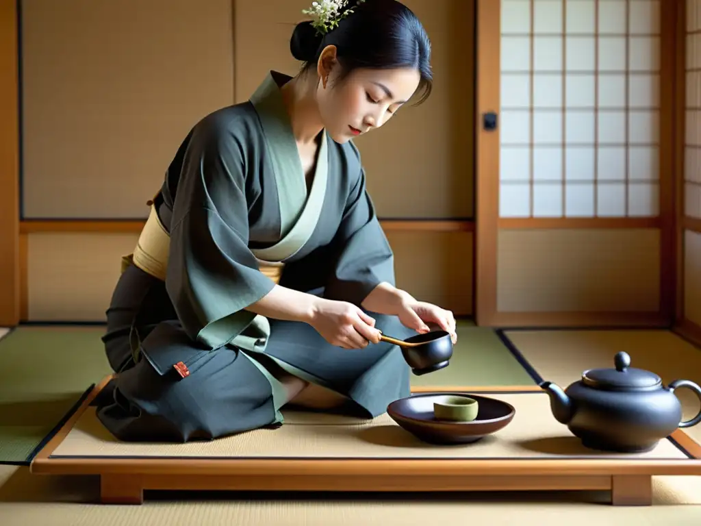 Imagen de una serena ceremonia del té japonés en una habitación minimalista, con detalles precisos y diálogos filosóficos entre Oriente y Occidente