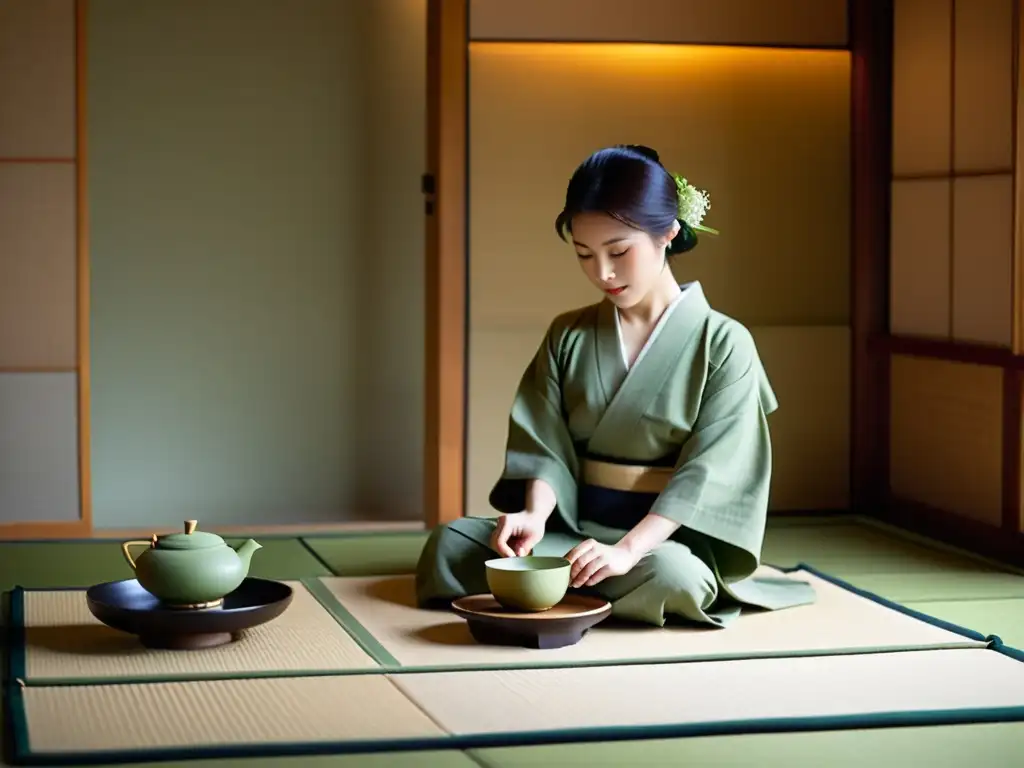 Imagen serena de una ceremonia del té japonesa en una sala de tatamis, con una anfitriona vistiendo kimono preparando delicadamente té matcha