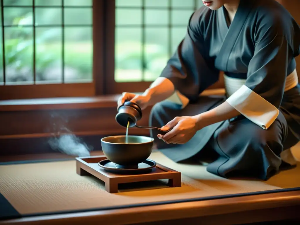 Imagen serena de una ceremonia del té japonesa, con movimientos delicados y una elegancia pacífica