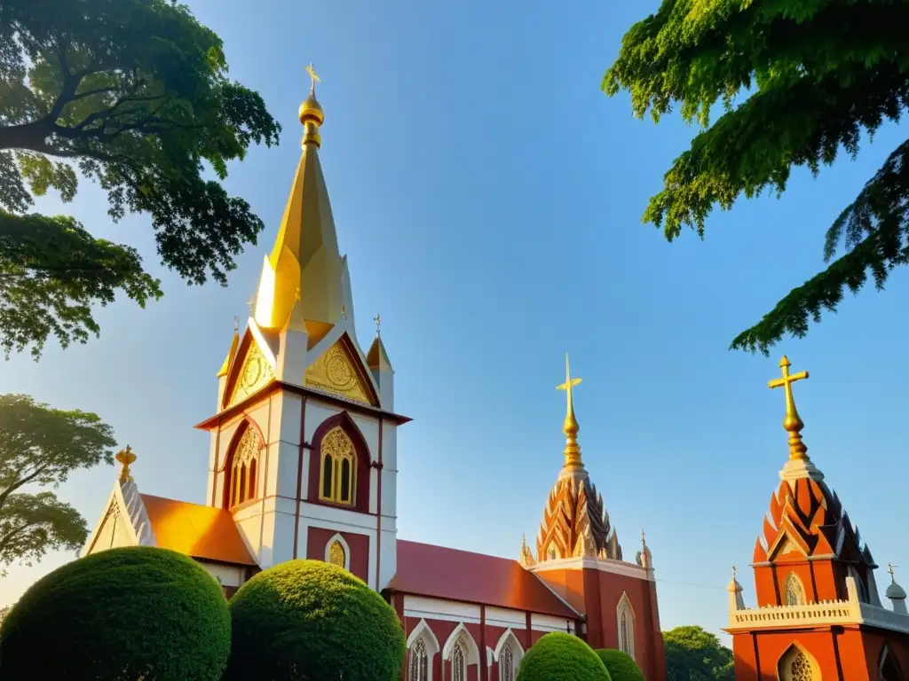Imagen de serena convivencia entre iglesia cristiana y templo hindú, destacados por la luz dorada del atardecer