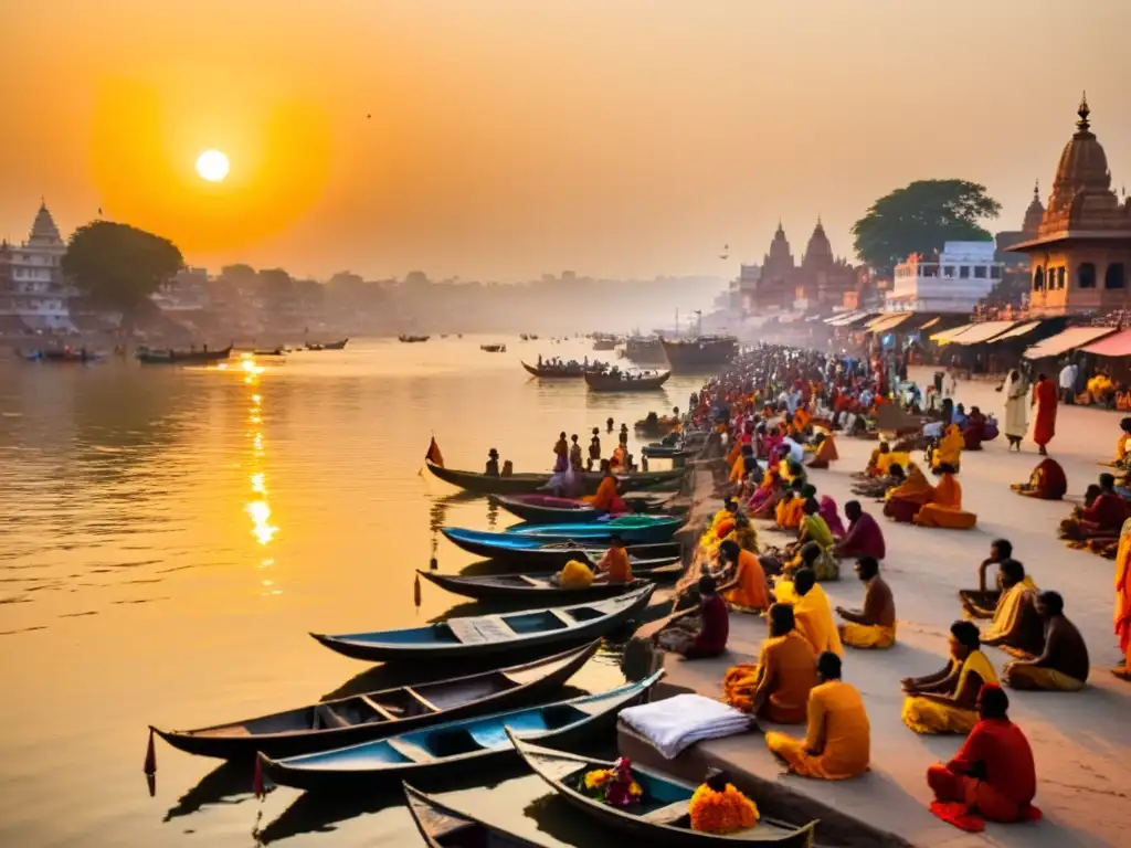 Imagen serena del río Ganges en Varanasi al amanecer, reflejando la filosofía del Karma en el Hinduísmo con rituales sagrados en los ghats