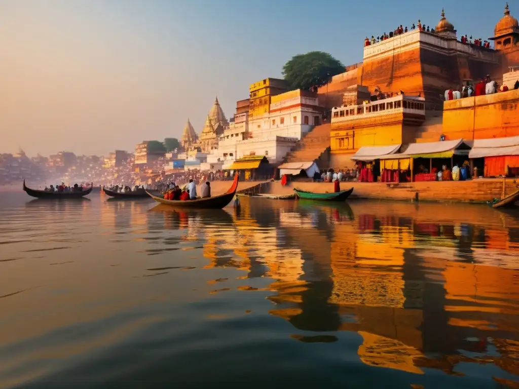 Imagen serena del río Ganges en Varanasi al amanecer, reflejando la filosofía del Karma en Hindúismo con rituales matutinos de peregrinos