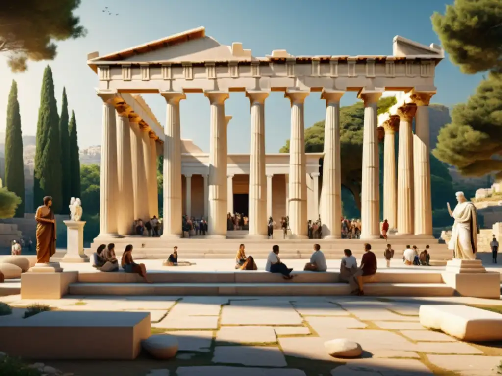 Imagen 8k de una serena ágora griega con columnas de mármol y estatuas, bañada en cálida luz