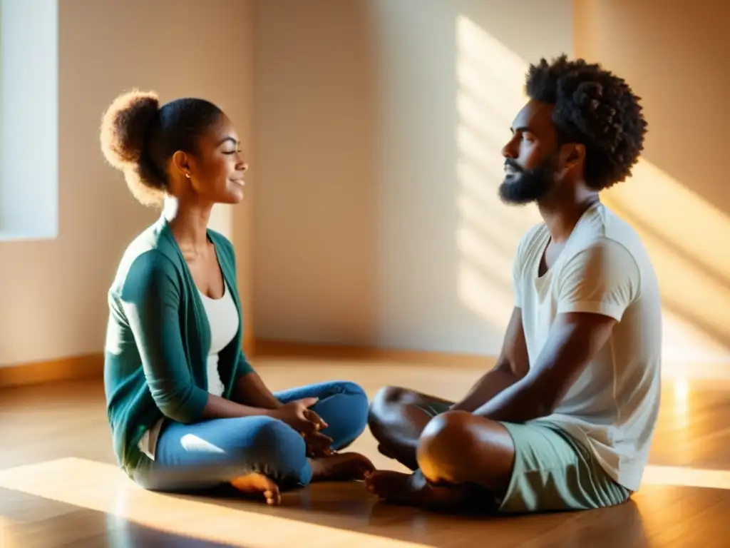 Imagen serena de dos personas en profunda conversación, practicando mindfulness