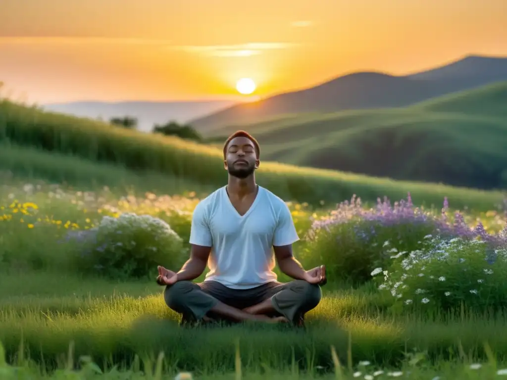 Imagen serena de meditación en prado verde con flores silvestres