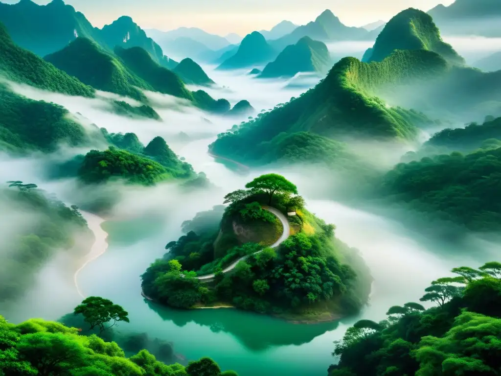 Imagen de montaña serena con río sinuoso y exuberante vegetación, evocando los Principios Taoístas para una Vida en Harmonía