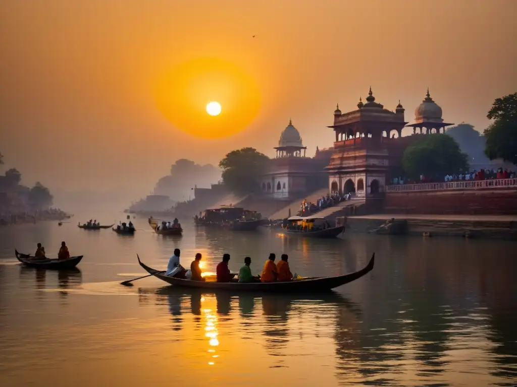 Imagen serena del amanecer en el río Ganges, con el suave resplandor del sol reflejándose en sus tranquilas aguas sagradas