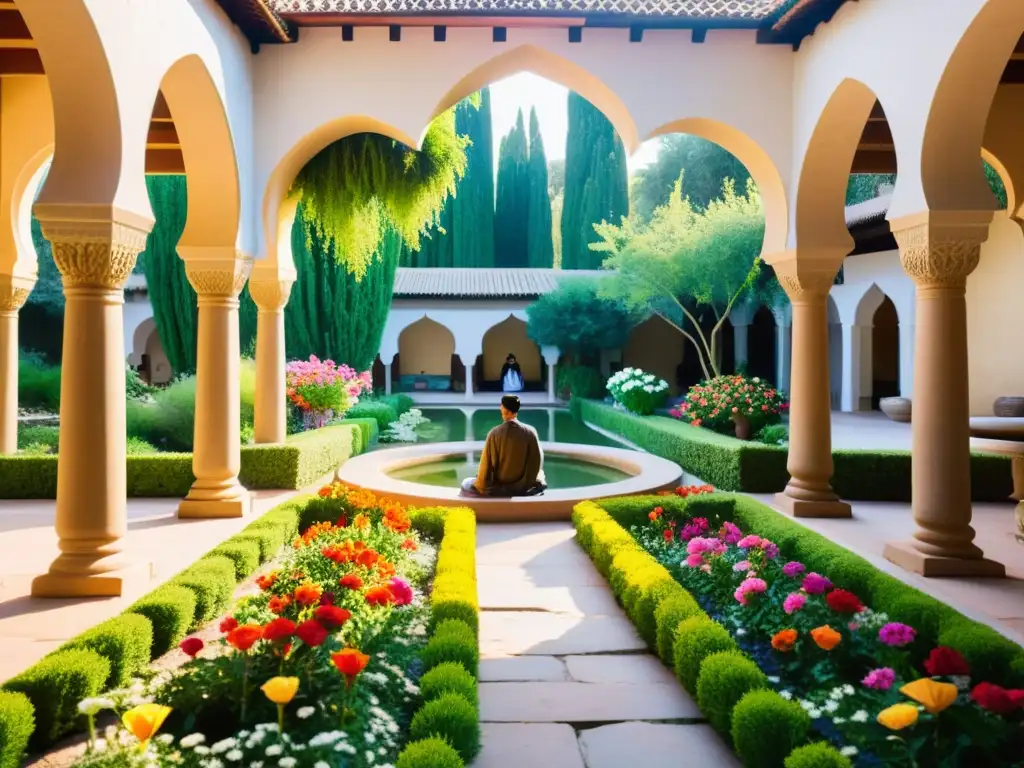 Imagen de un jardín sufi sereno con vegetación exuberante, flores coloridas y personas meditando