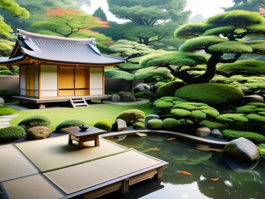 Imagen de un sereno jardín japonés con bonsáis, estanque de peces koi y pabellón de meditación, incorporar meditación filosofías orientales