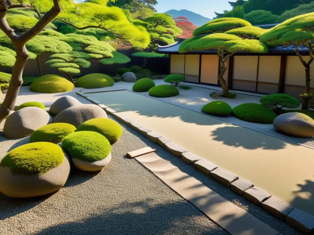 Imagen de un sereno jardín Zen japonés, con grava rastrillada, rocas y árboles de cerezo en flor