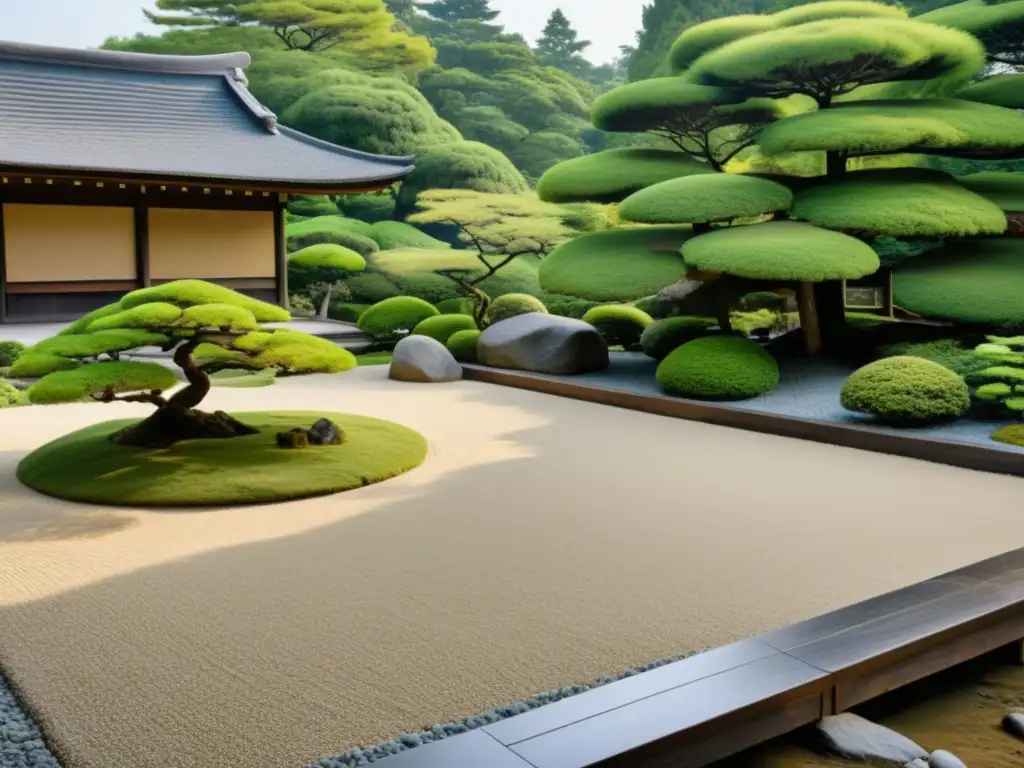 Imagen de un sereno jardín Zen japonés, con rocas, árboles podados y un estanque