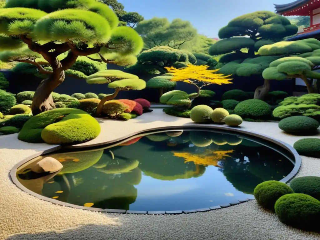 Imagen de un sereno jardín japonés con senderos de grava, bonsáis cuidadosamente podados y un apacible estanque de peces koi, demostrando la filosofía del Kaizen para desarrollo en su equilibrio armonioso y refinamiento continuo
