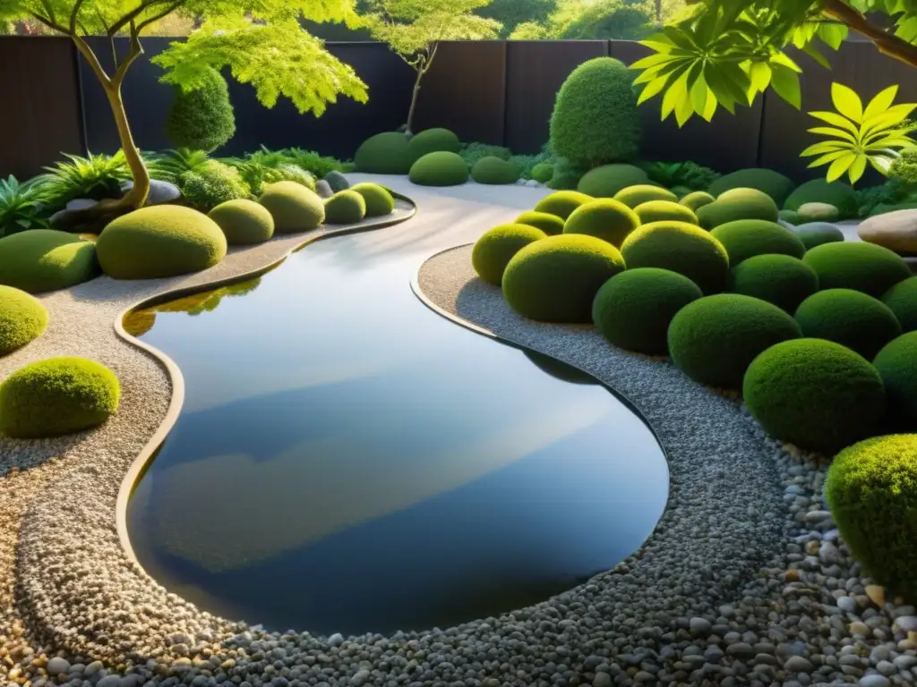 Imagen de jardín Zen sereno, con patrones en la grava y un estanque tranquilo, evocando equilibrio mental en filosofías del mundo