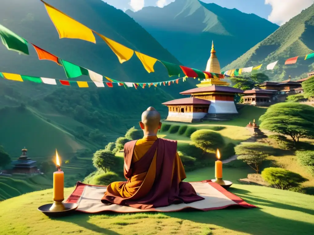 Imagen de un sereno templo budista en Nepal, con banderas de oración y monjes meditando en un ambiente tranquilo