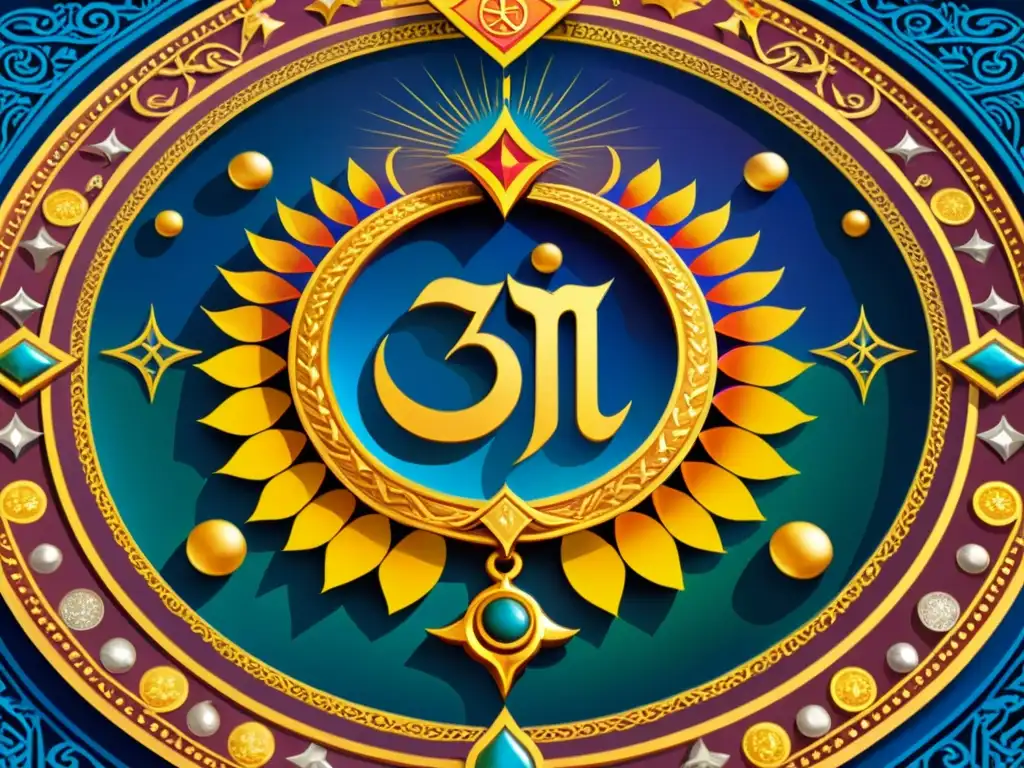 Imagen de símbolos religiosos intrincados en un patrón circular, representando la influencia del Zoroastrismo en religiones