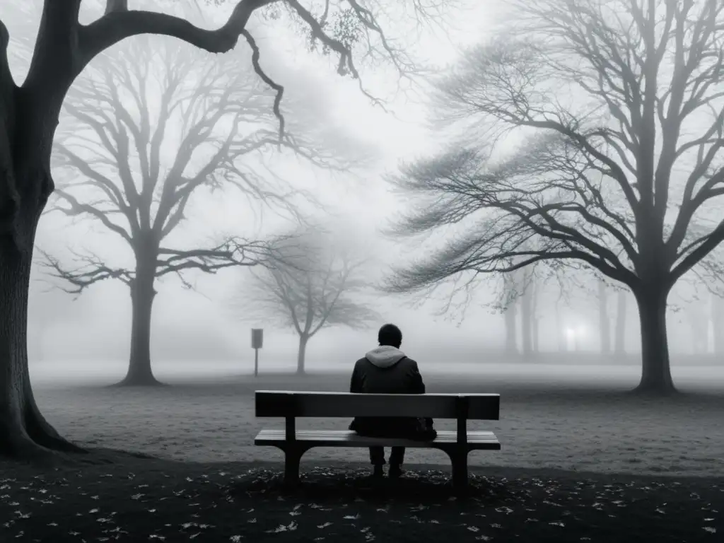 Imagen de un solitario sentado en un banco del parque, sumido en la niebla, expresando introspección
