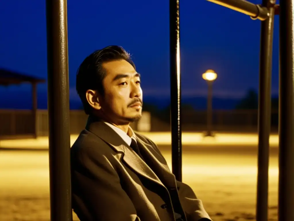 En la imagen, Kanji Watanabe de 'Ikiru' está solo en un oscuro parque infantil, reflejando la soledad y la filosofía existencialista en 'Ikiru'