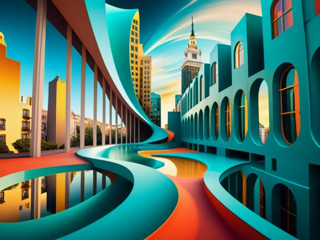 Imagen surrealista de una ciudad onírica con arquitectura distorsionada y colores vibrantes, capturando la filosofía del sueño en 'Waking Life'