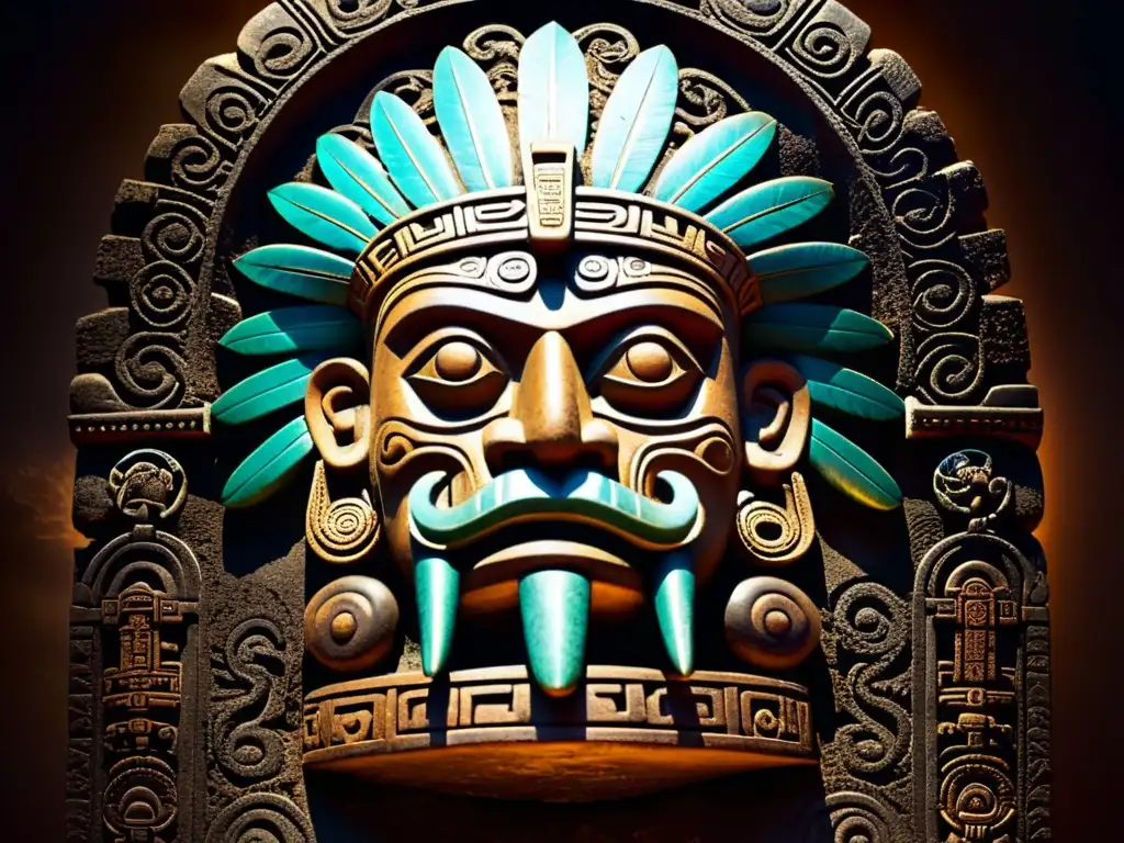 Imagen de una talla de piedra del dios Azteca Tezcatlipoca, con detalles de su oscura sabiduría, plumas y espejo humeante, en ruinas antiguas