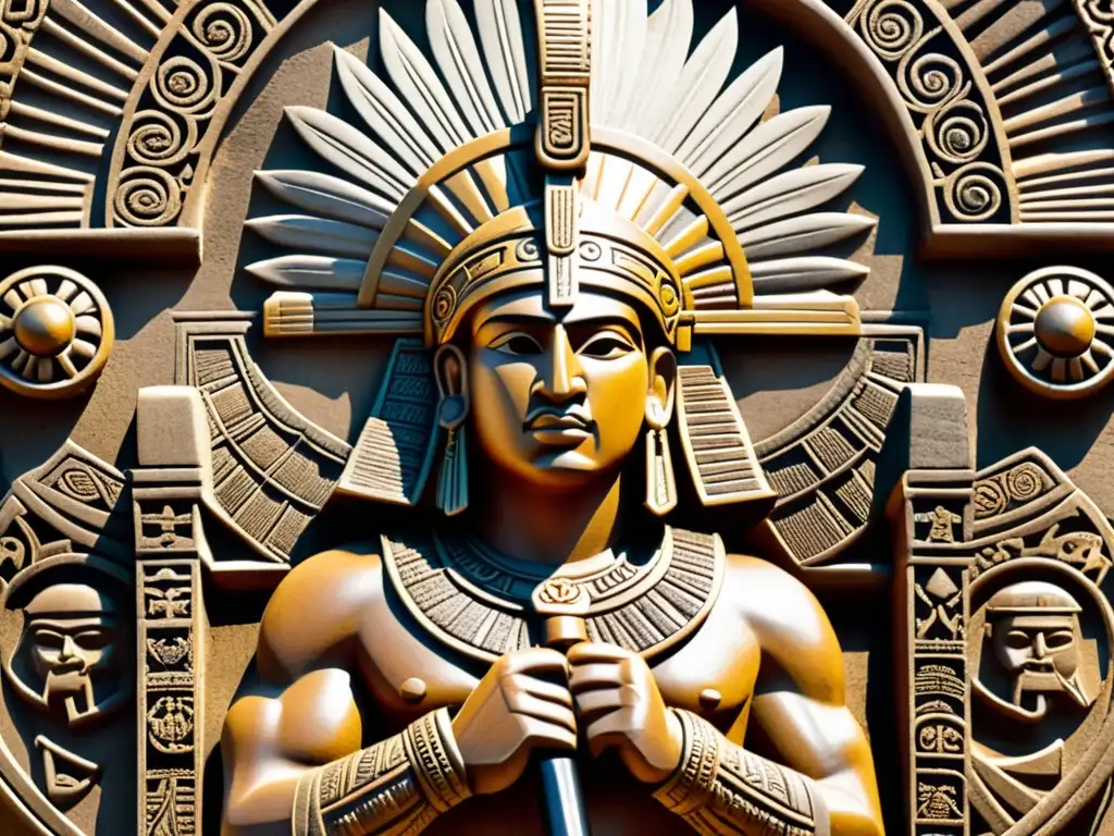 Imagen de tallado en piedra de un feroz guerrero mesoamericano, con atuendo de batalla tradicional y un arma ceremonial